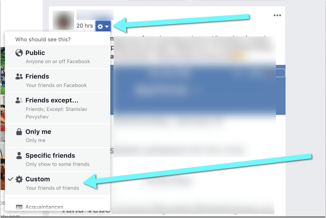 Custom Facebook post privacy settings