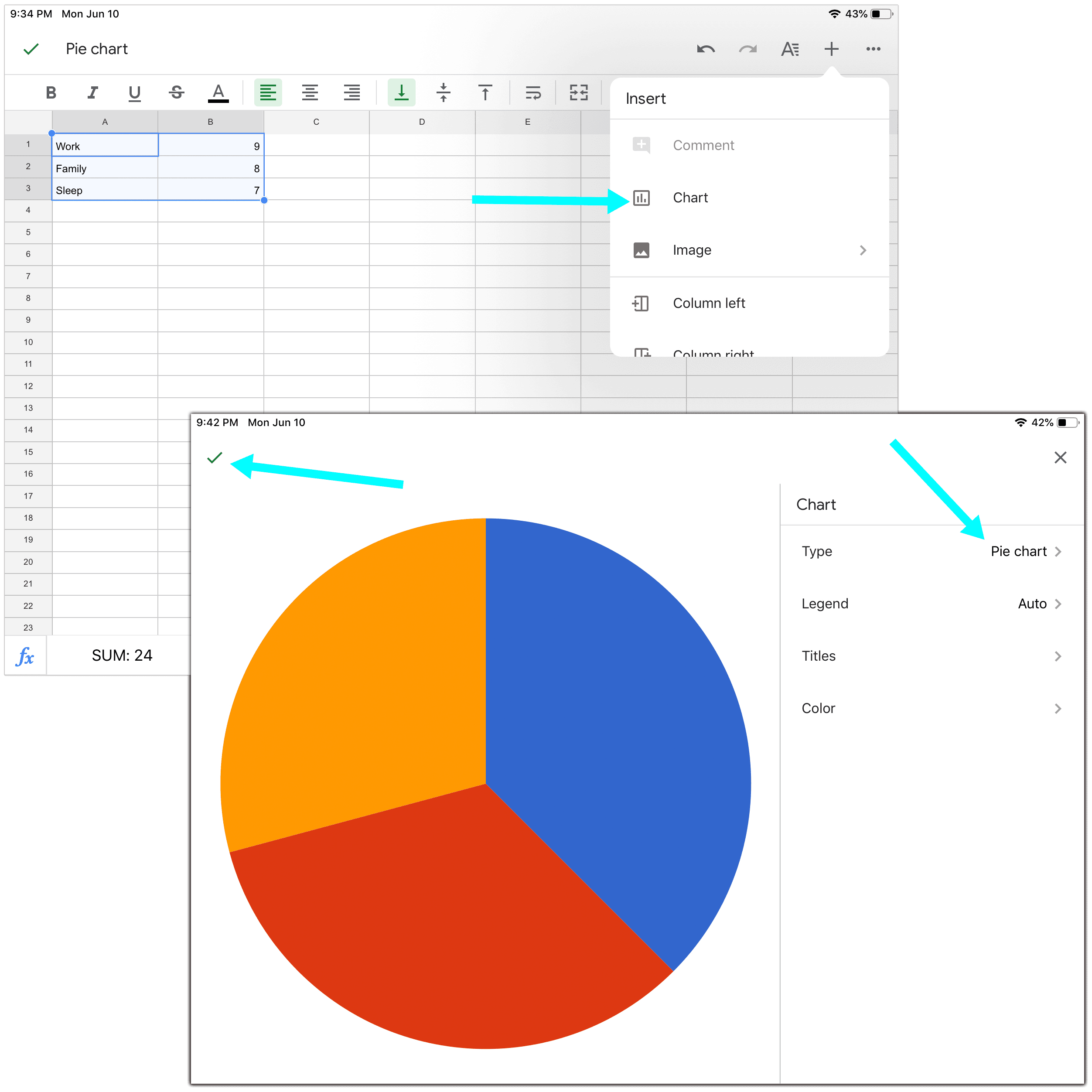 how to make a pie chart in google sheets ipad
