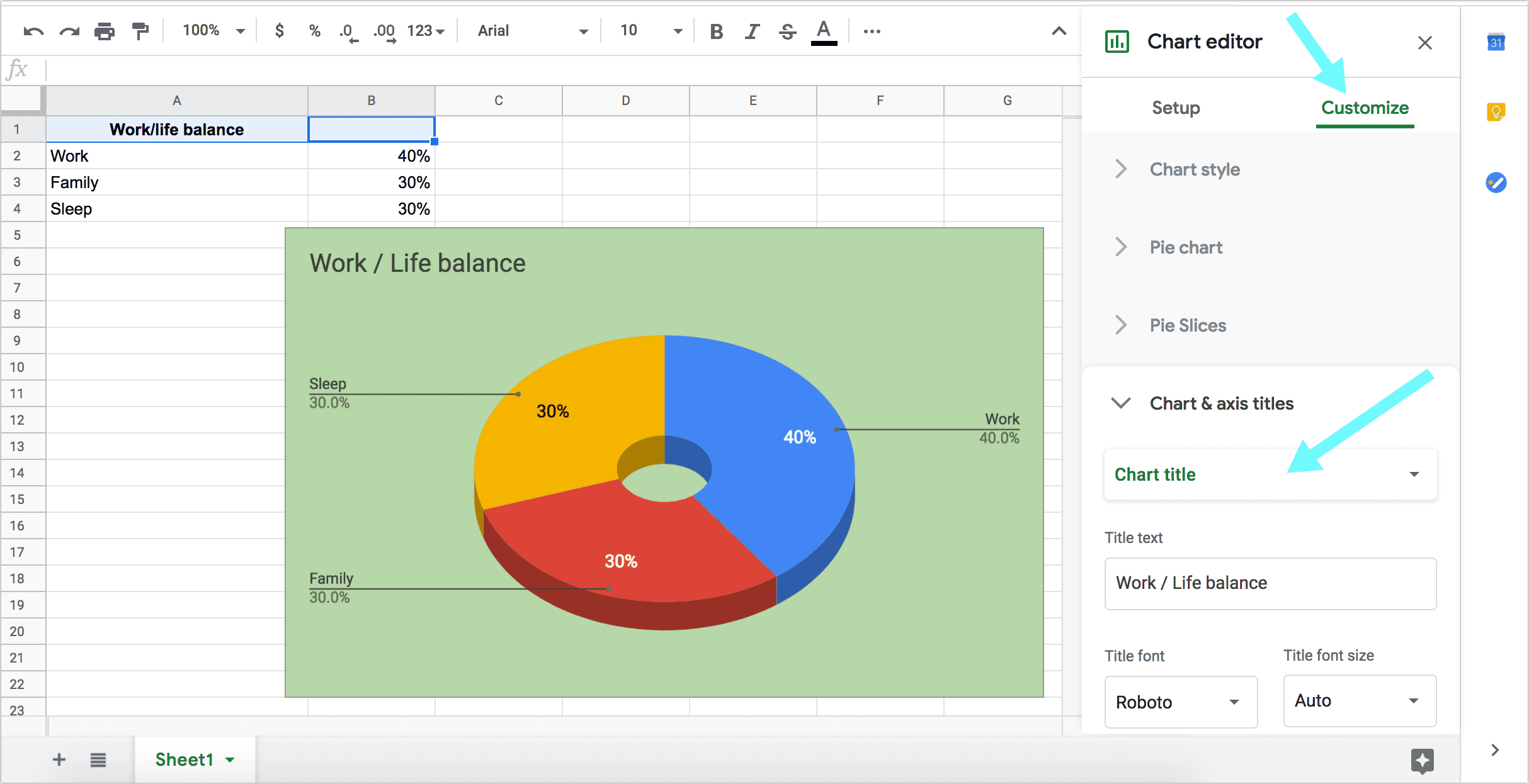 pie chart appearnace google sheets title