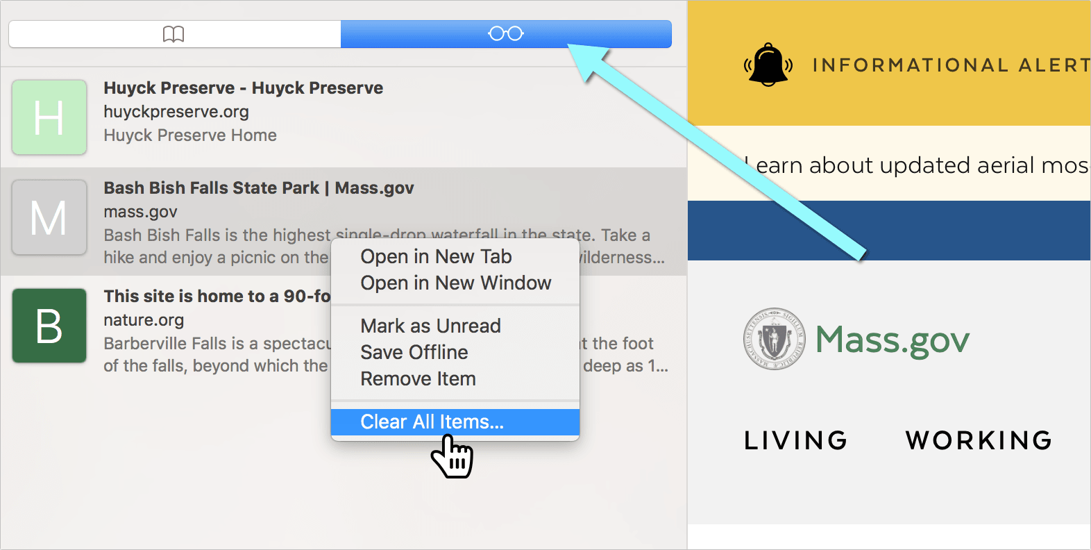 clear reading list on Mac