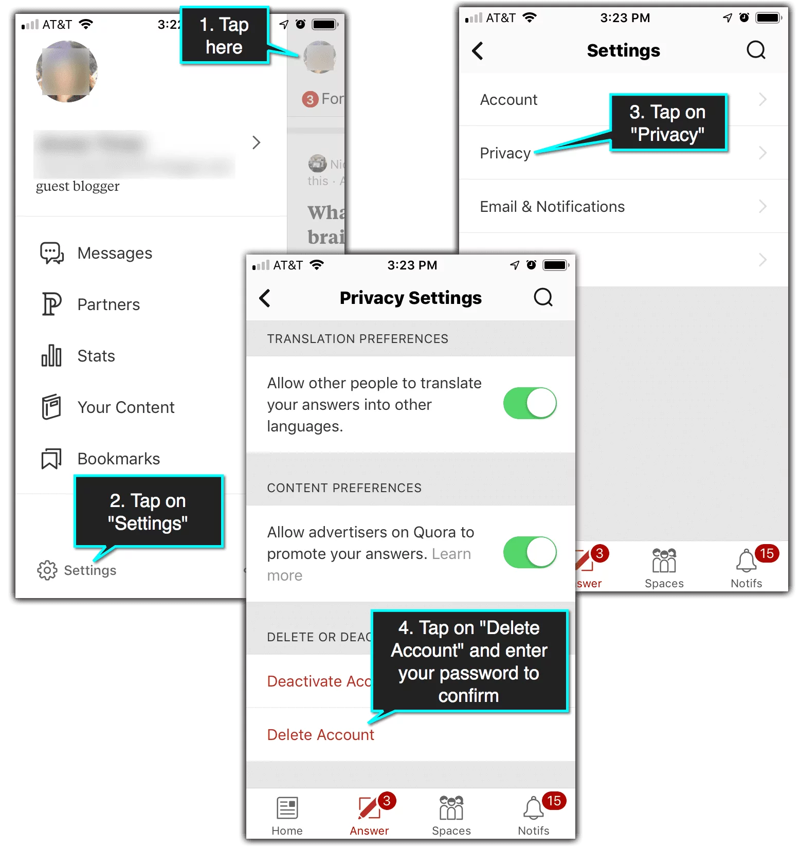To Delete Your Quora Account from Within a Mobile App