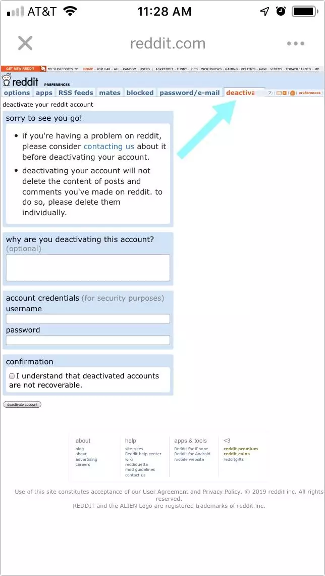 How do I delete my Reddit account on mobile?