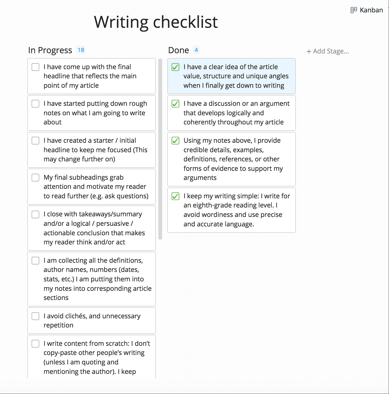 Writing checklist created with Zenkit