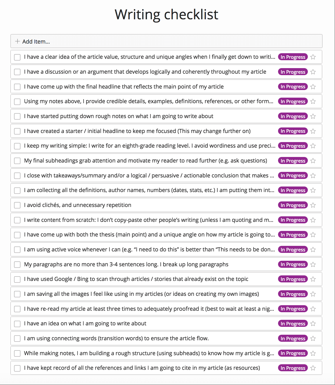 Writing checklist created with Zenkit