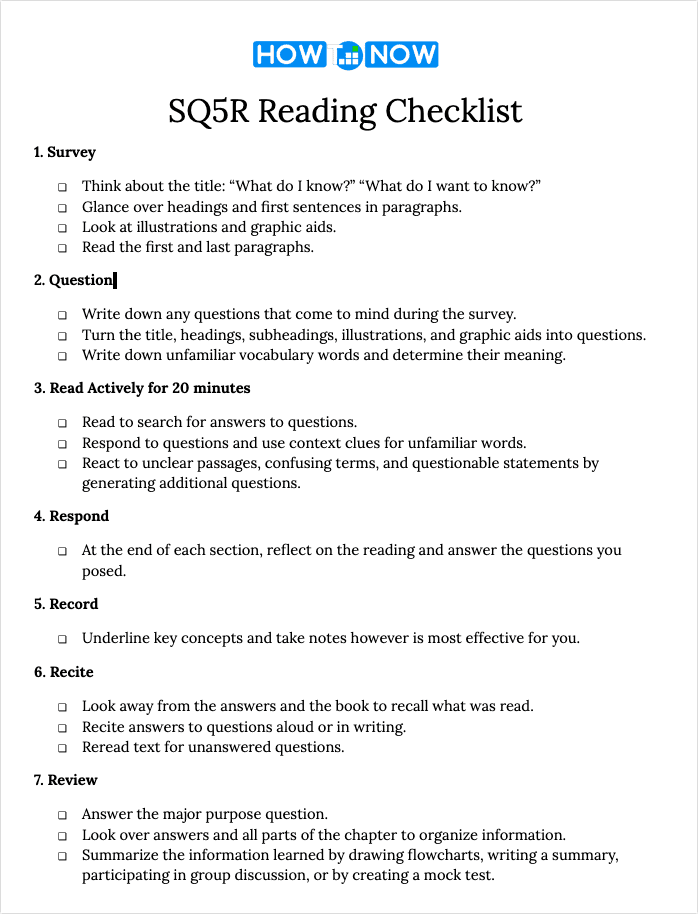 SQ5R checklist for focused reading