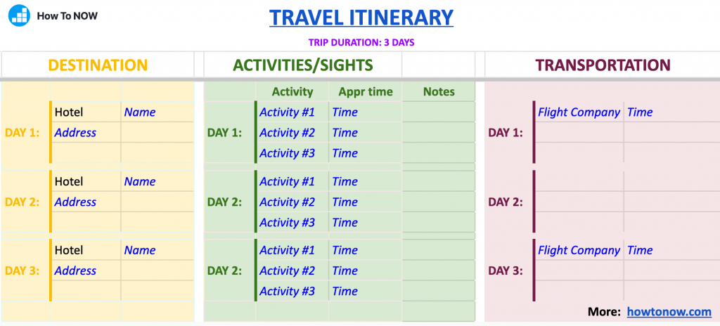 Itinerary Template for Google Docs
